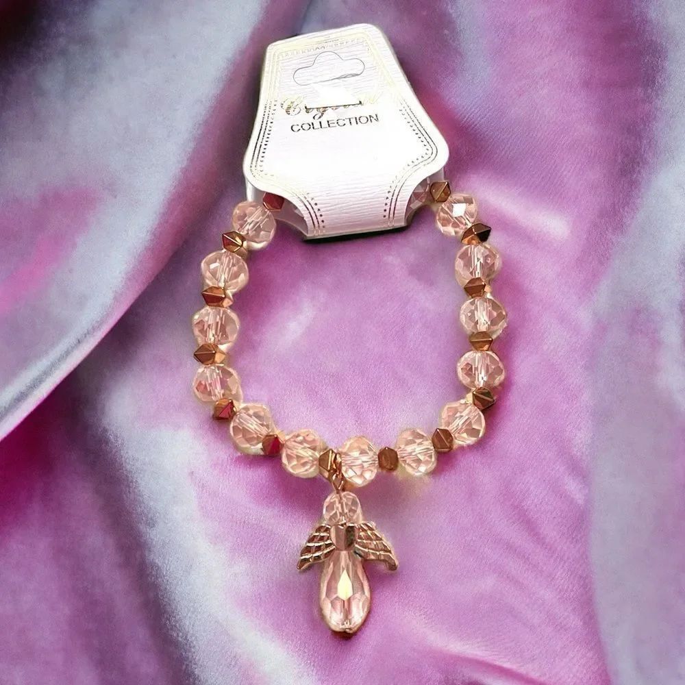 ⭐️3/$25⭐️ Pink Crystal Angel Charm Beaded Stretch Gold Tone Bracelet NWT